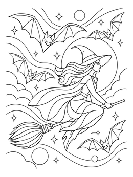 A halloween bat coloring page featuring a graceful witch flying on her broomstick surrounded by bats.