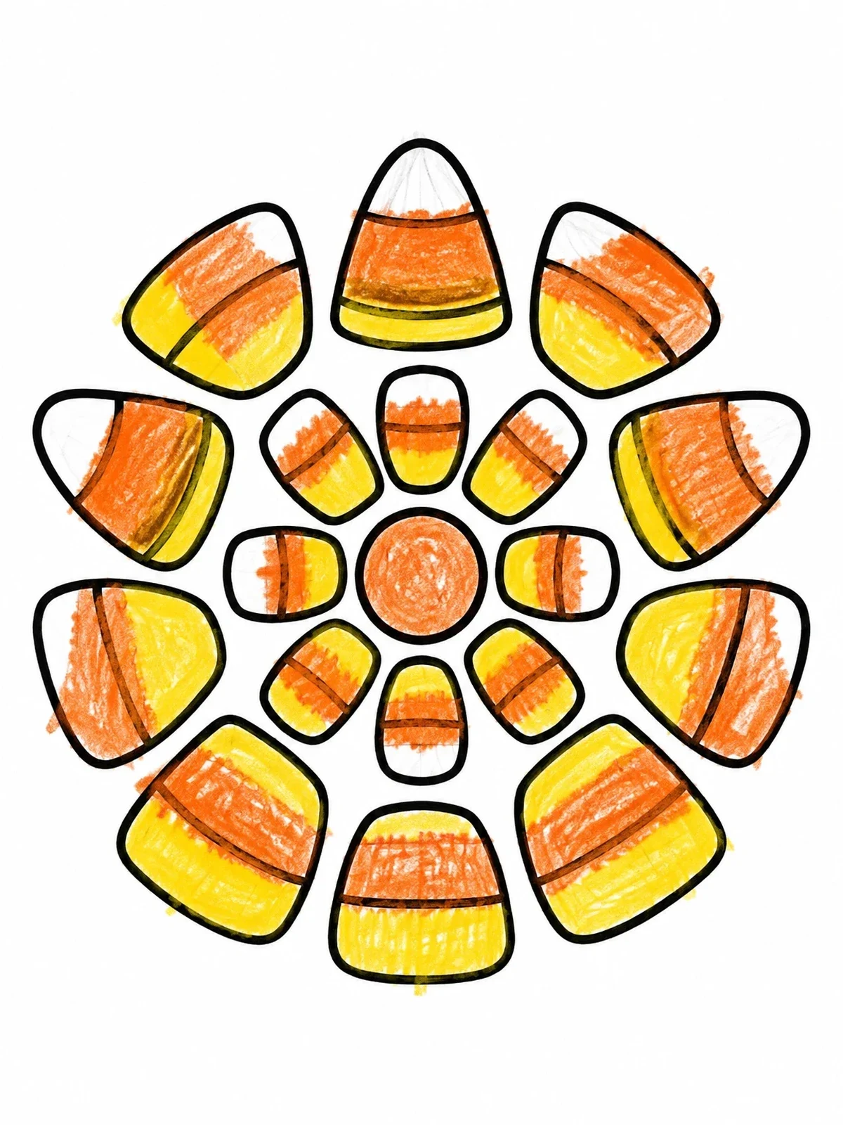 Colored example of the Candy Corn Circular Mandala Pattern coloring page