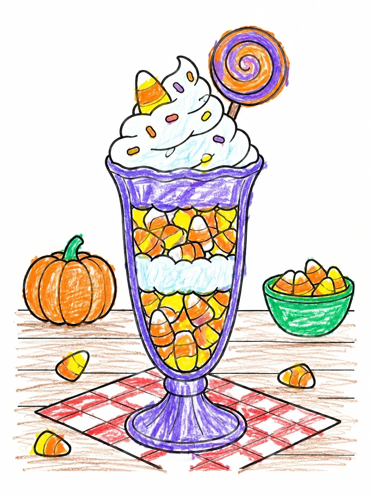 Colored example of the Candy Corn Sundae Dessert coloring page