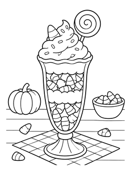A sweet halloween candy coloring page showing a tall sundae glass filled with candy corn, whipped cream, and a lollipop.