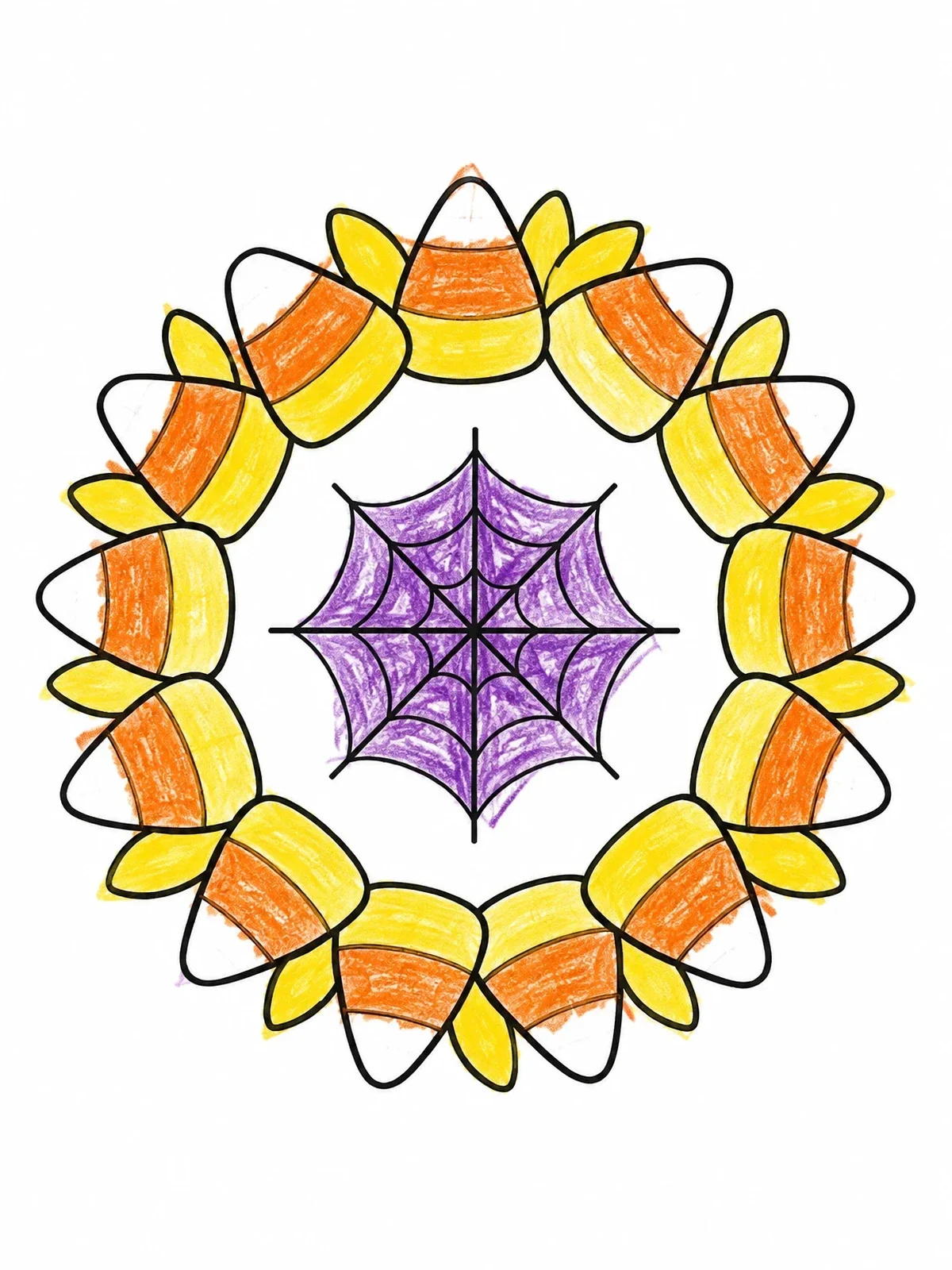 Colored example of the Candy Corn Wreath With Spiderweb coloring page