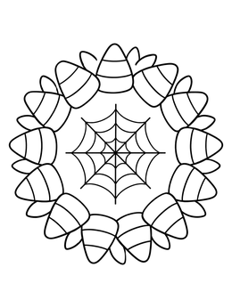 A candy corn wreath with a spiderweb in this halloween candy coloring page.