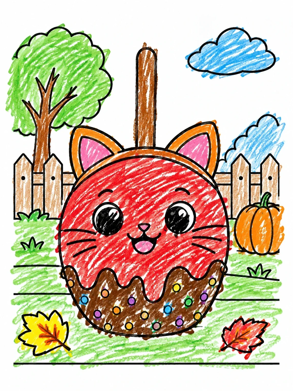 Colored example of the Cute Cat Candy Apple Outdoors coloring page