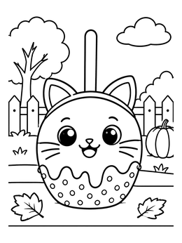 A cute candy apple with cat ears in this fun halloween candy coloring page.