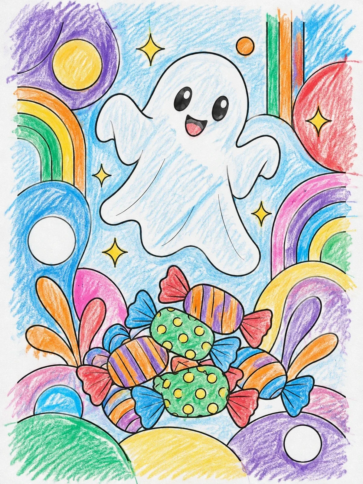 Colored example of the Cute Ghost Floating Above Candies coloring page