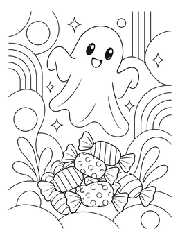 A cheerful ghost hovers over sweet treats in this halloween candy coloring page.