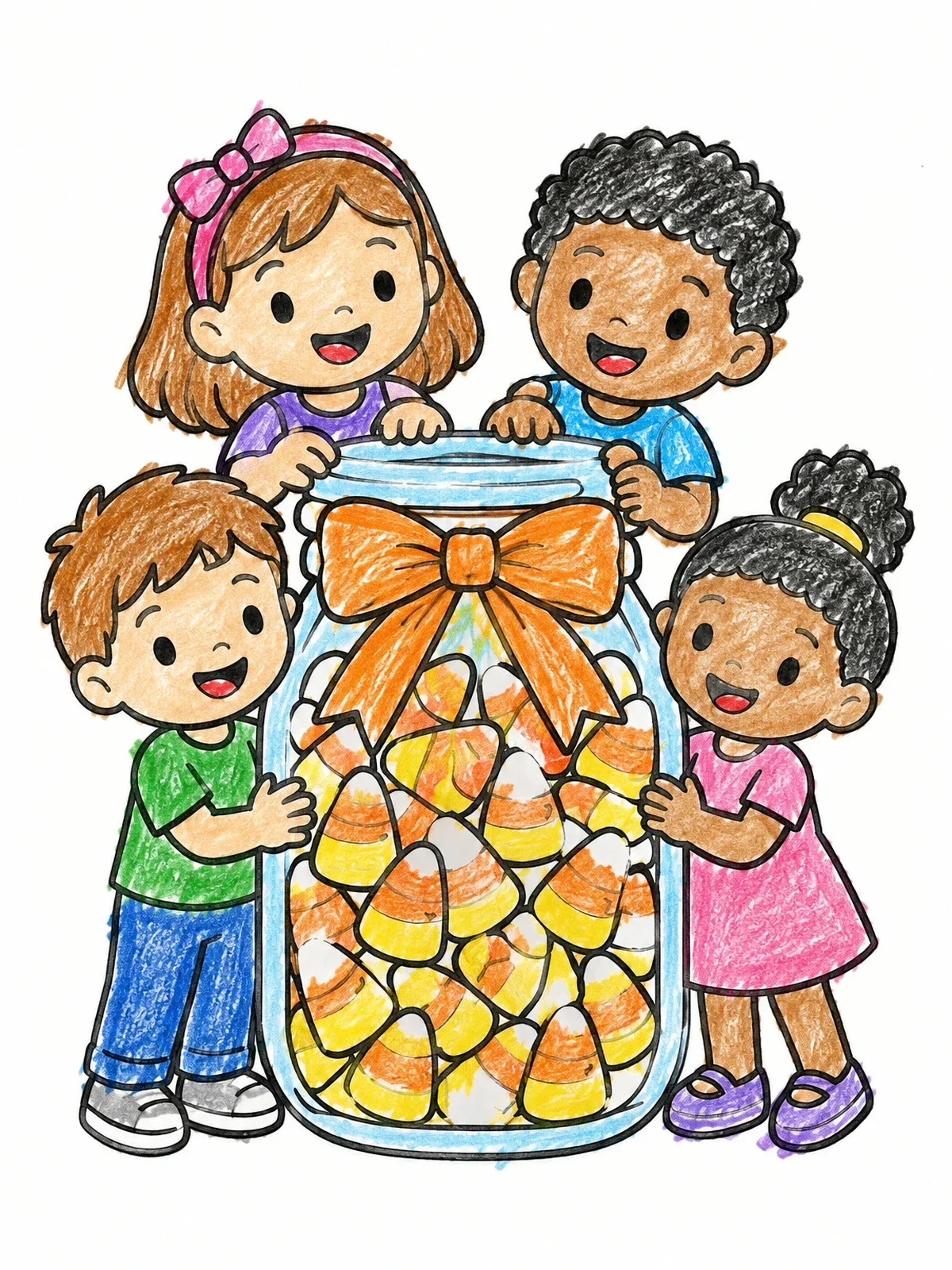 Colored example of the Happy Kids With Candy Corn Jar coloring page