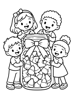 Free printable Happy Kids With Candy Corn Jar coloring page
