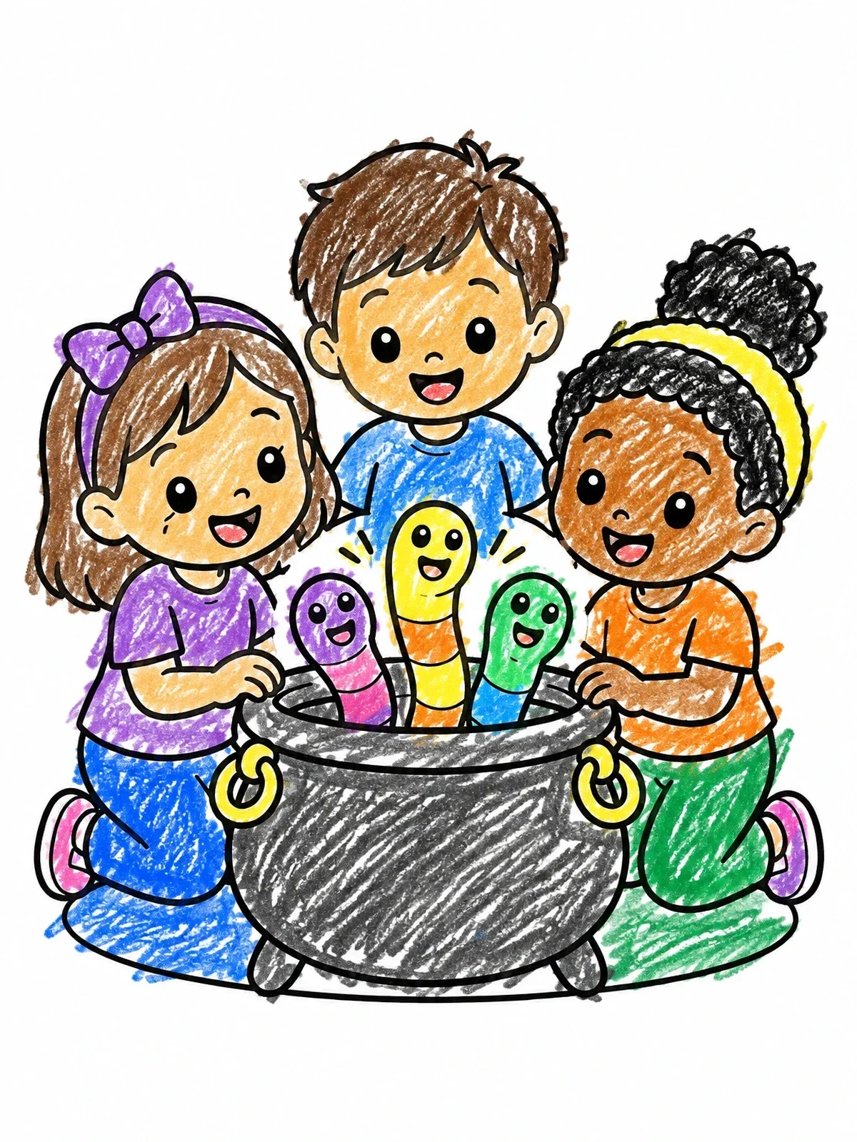 Colored example of the Kids And Gummy Worms In Cauldron coloring page