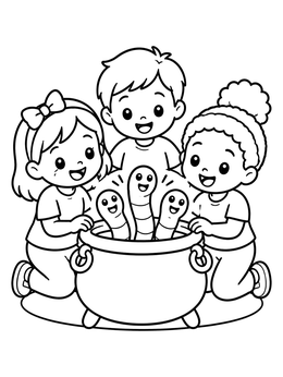 Cheerful kids discover gummy worms in this fun halloween candy coloring page.
