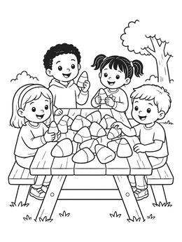 Children gather around a picnic table with treats in this halloween candy coloring page.
