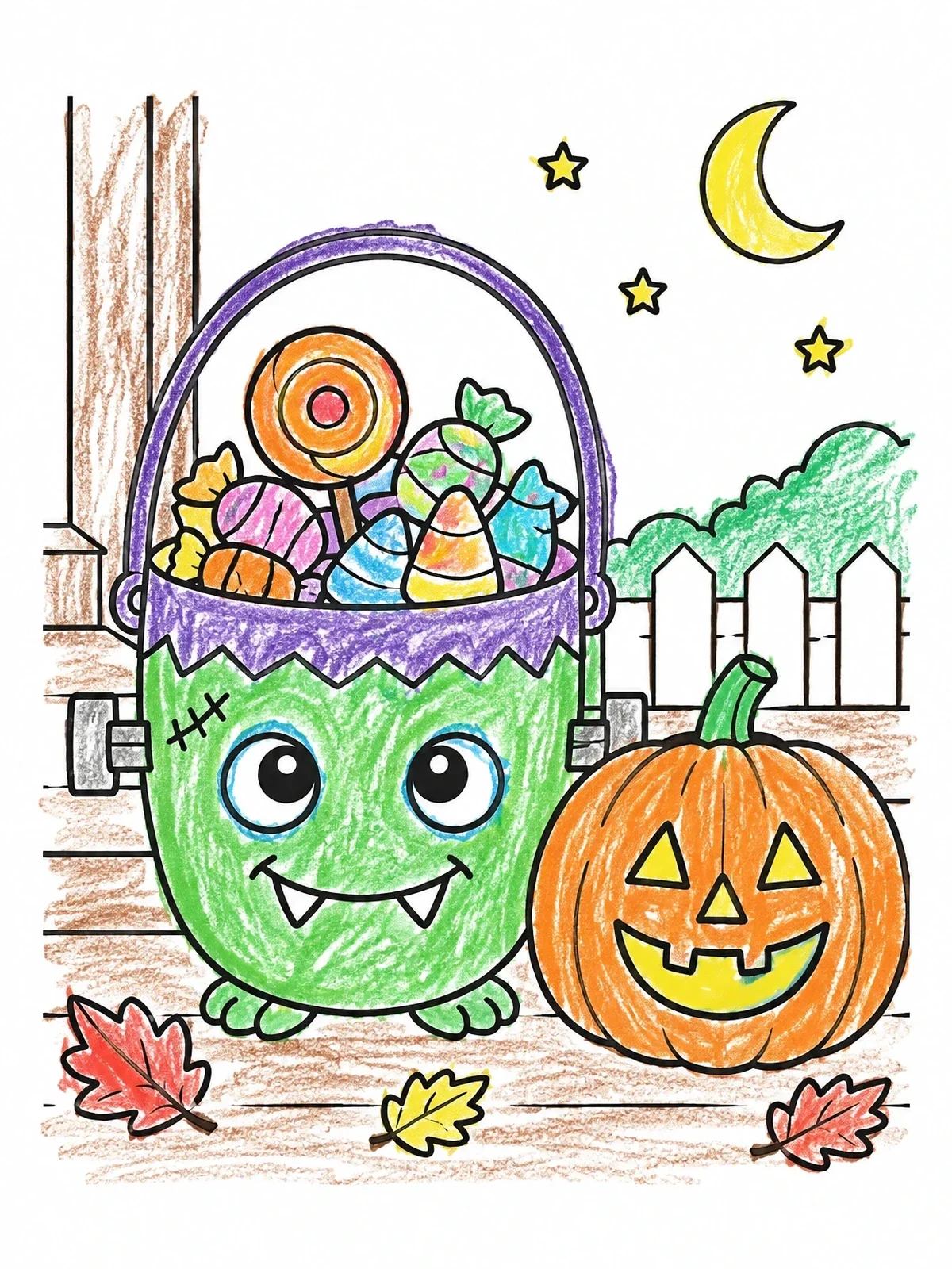Colored example of the Monster Candy Bucket And Pumpkin coloring page