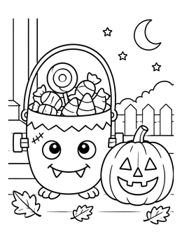 A friendly monster bucket full of sweets in this halloween candy coloring page with a carved pumpkin.