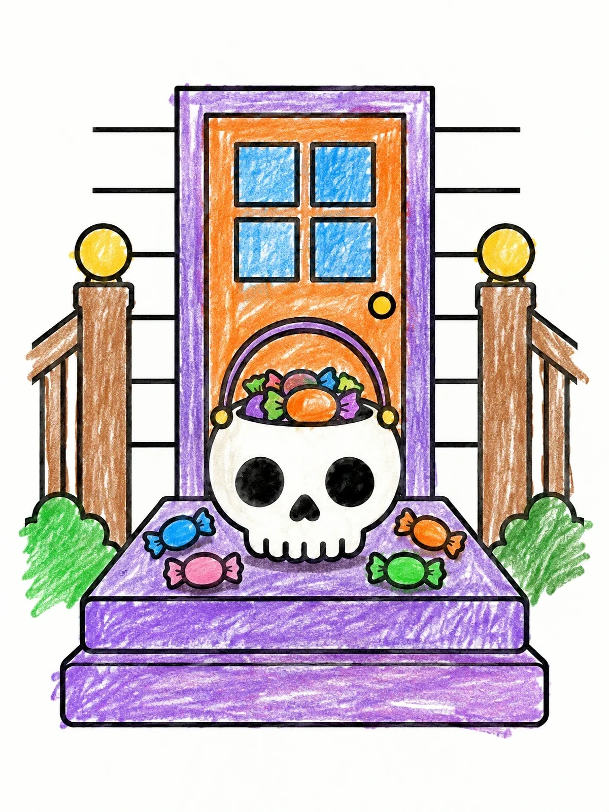 Colored example of the Skull Treat Bucket On Porch coloring page