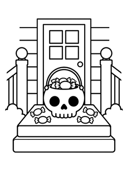 Free printable Skull Treat Bucket On Porch coloring page