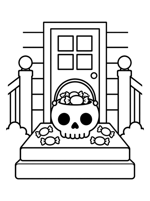 Skull Treat Bucket on Porch coloring page