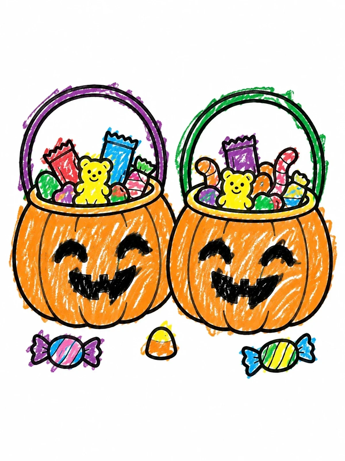 Colored example of the Smiling Pumpkin Buckets With Candy coloring page