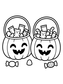 Two smiling pumpkin buckets filled with treats in this halloween candy coloring page.