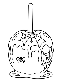 A decorated candy apple on this halloween candy coloring page with spiderweb patterns and a tiny spider.