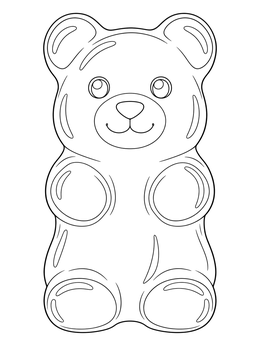A cute gummy bear stands centered on this halloween candy coloring page.