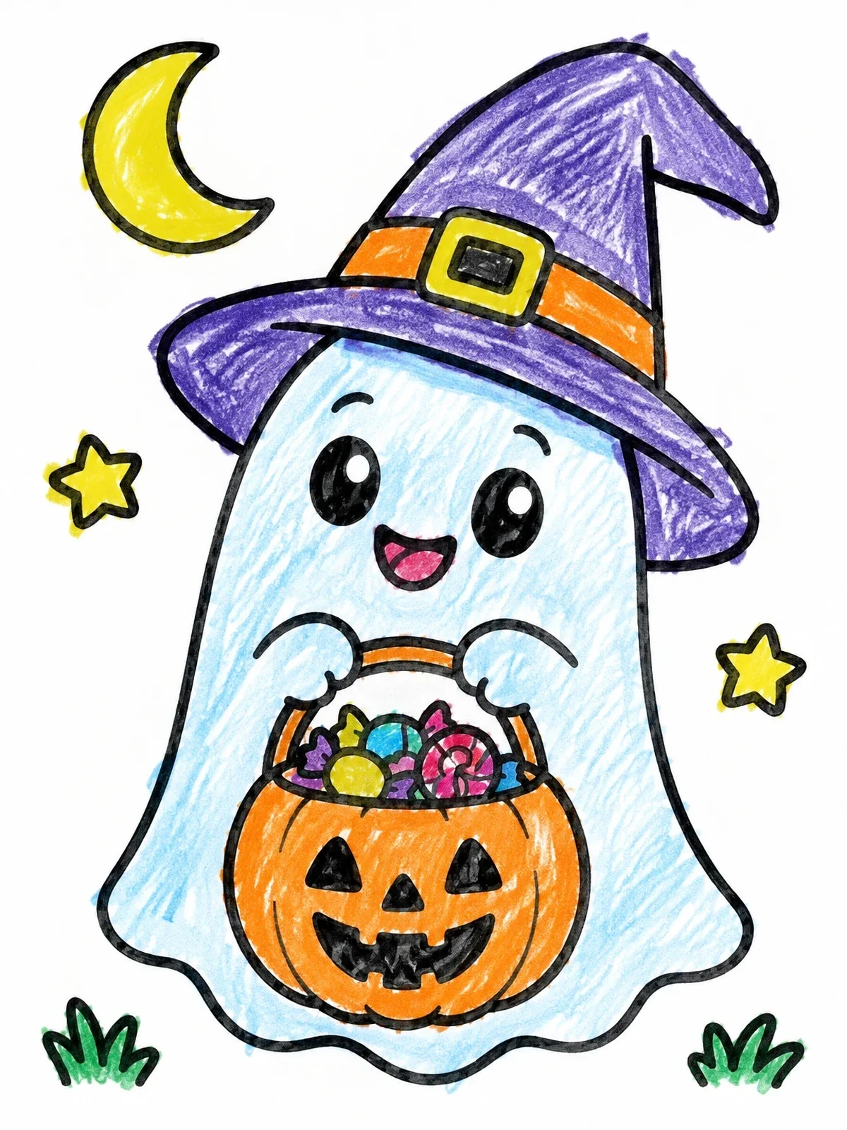 Colored example of the Cute Ghost In Witch Hat coloring page