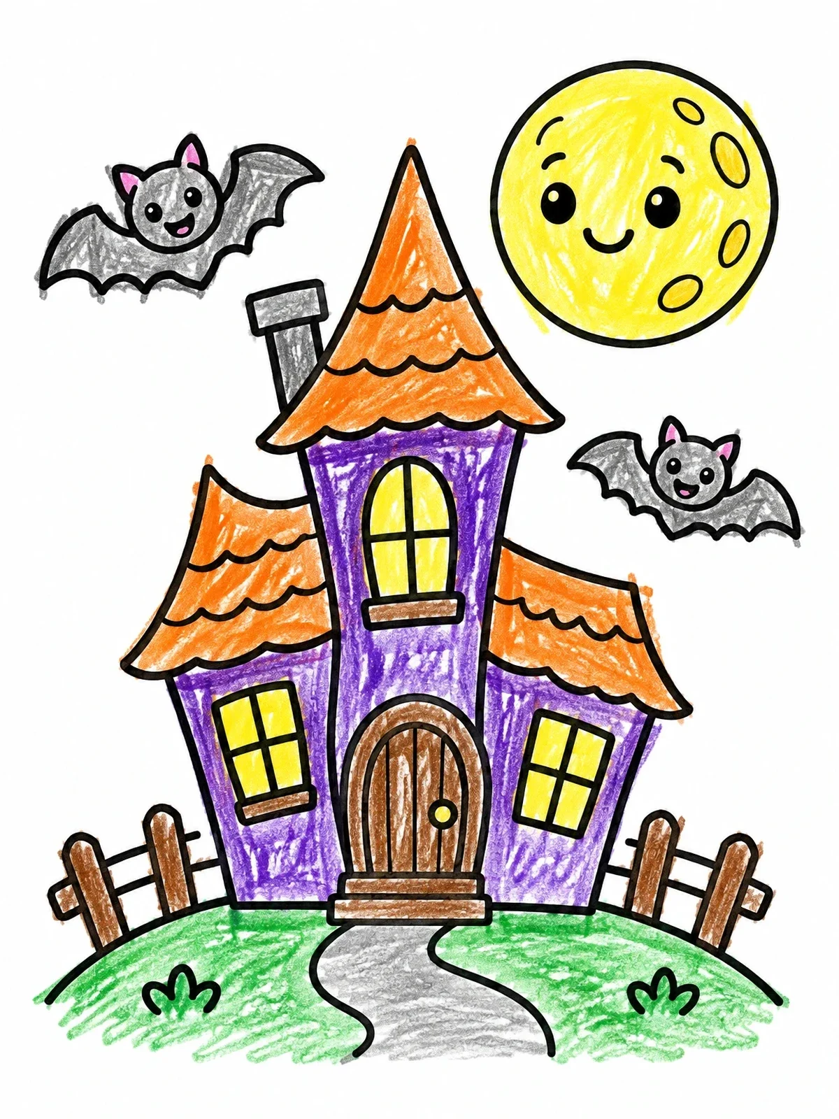 Colored example of the Cute Haunted House And Smiling Moon coloring page