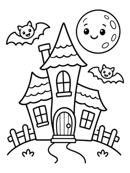 A friendly haunted house with bats and a smiling moon on this halloween cartoon coloring page.