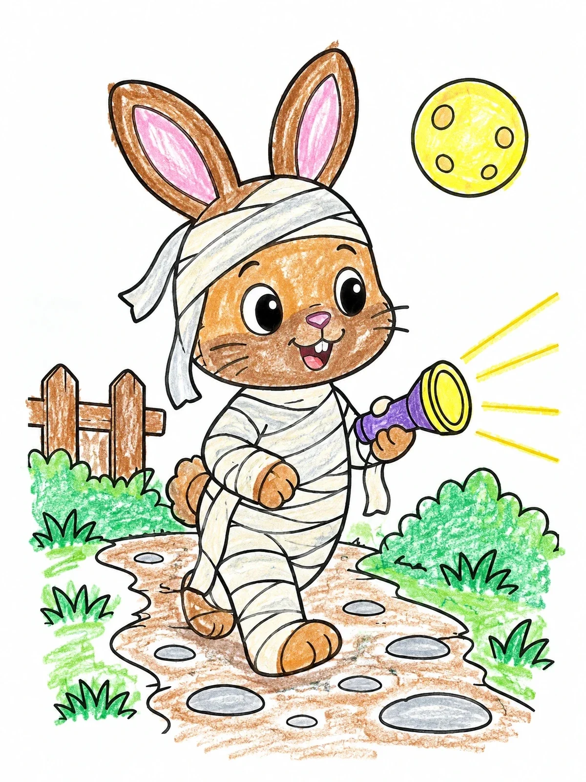 Colored example of the Cute Mummy Bunny With Flashlight coloring page