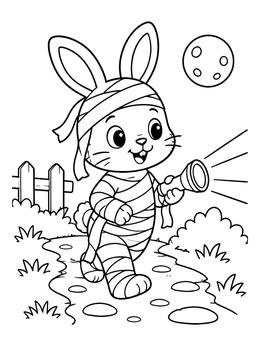 A halloween cartoon coloring page showing a cute bunny dressed as a mummy walking with a flashlight.
