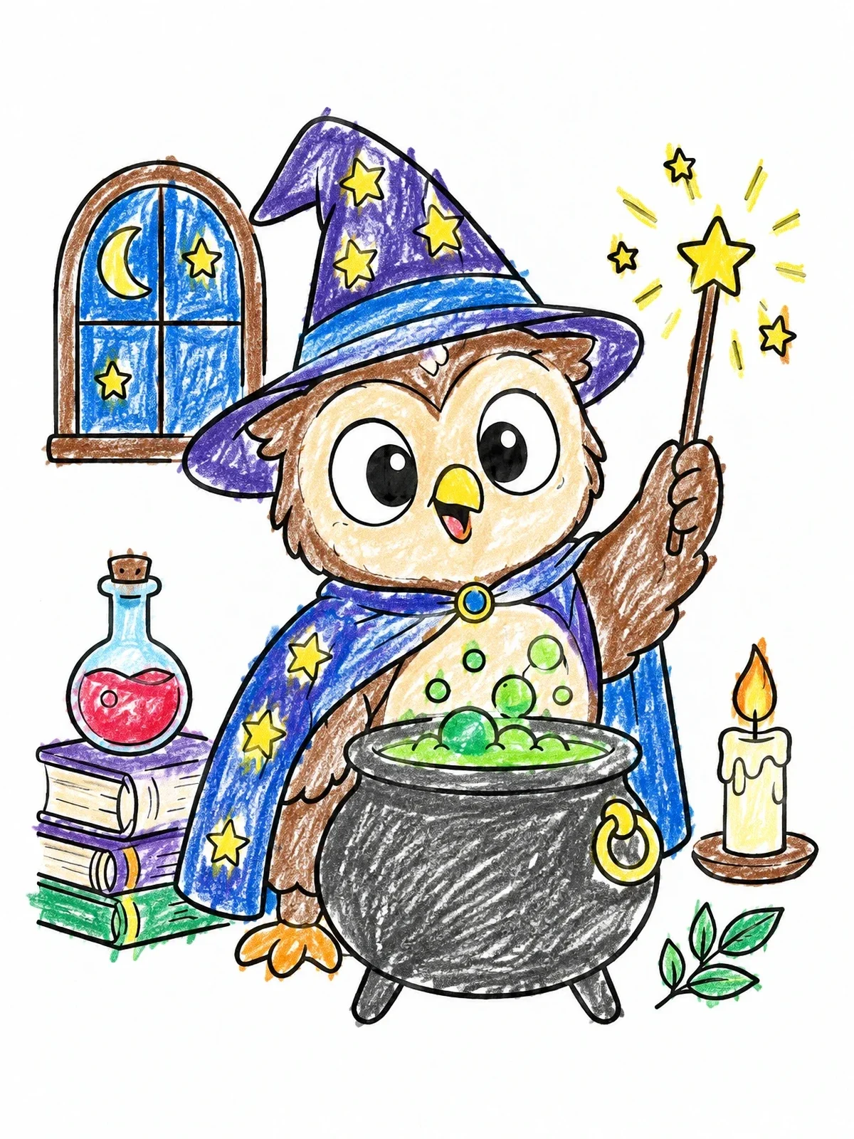 Colored example of the Cute Owl Wizard With Cauldron coloring page