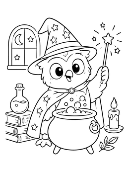 A magical halloween cartoon coloring page featuring a cute owl wizard stirring a bubbling cauldron.