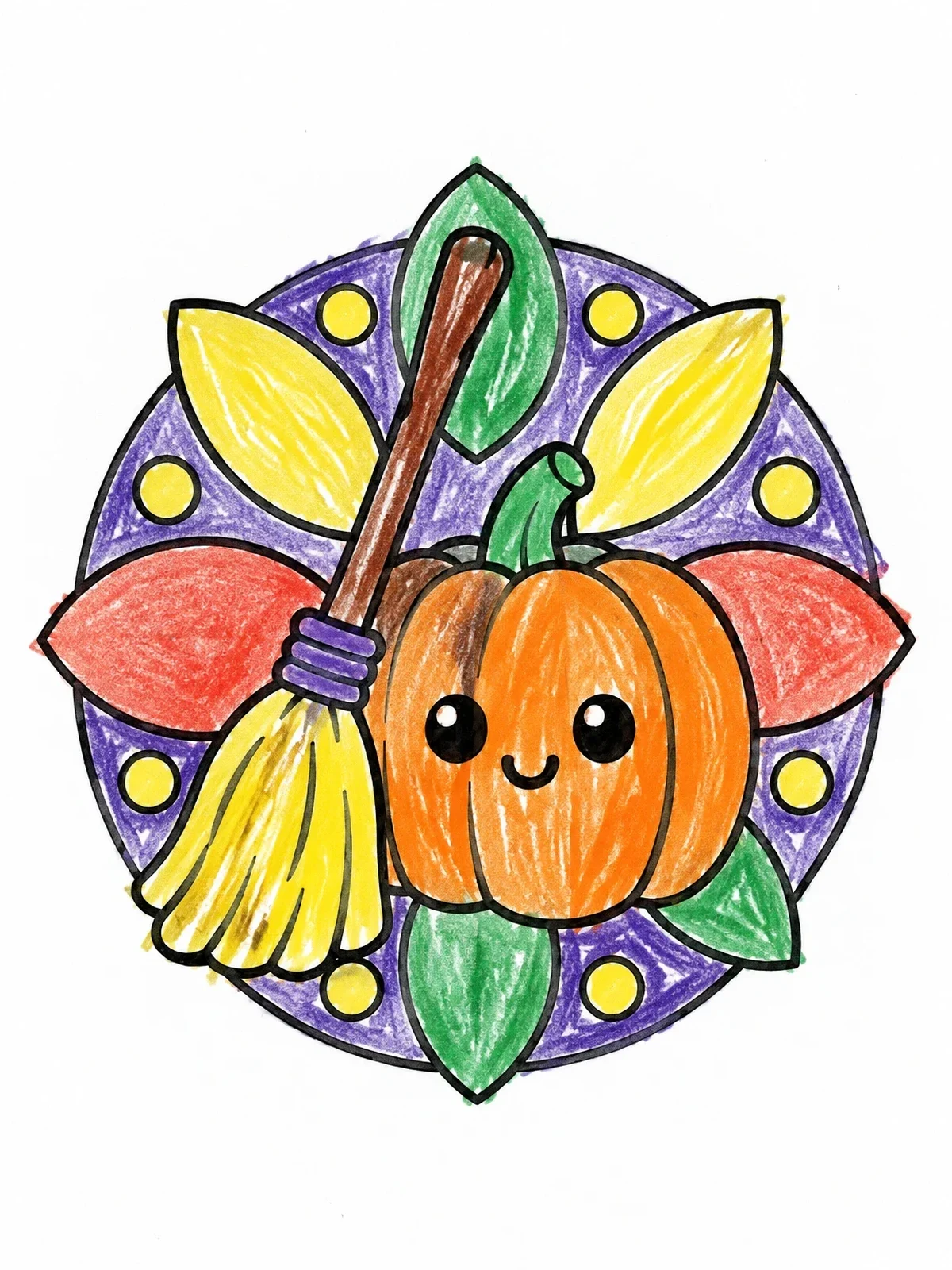 Colored example of the Cute Pumpkin And Broom Badge coloring page