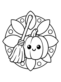 Free printable Cute Pumpkin And Broom Badge coloring page