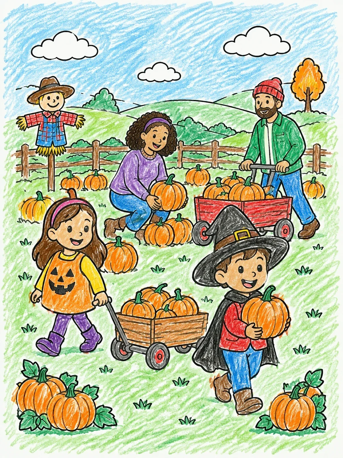 Colored example of the Family Fun In The Pumpkin Patch coloring page