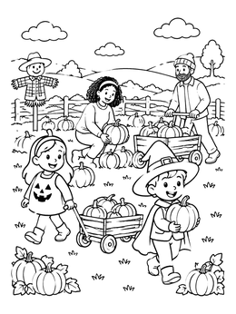 Kids and parents picking pumpkins on this halloween cartoon coloring page.