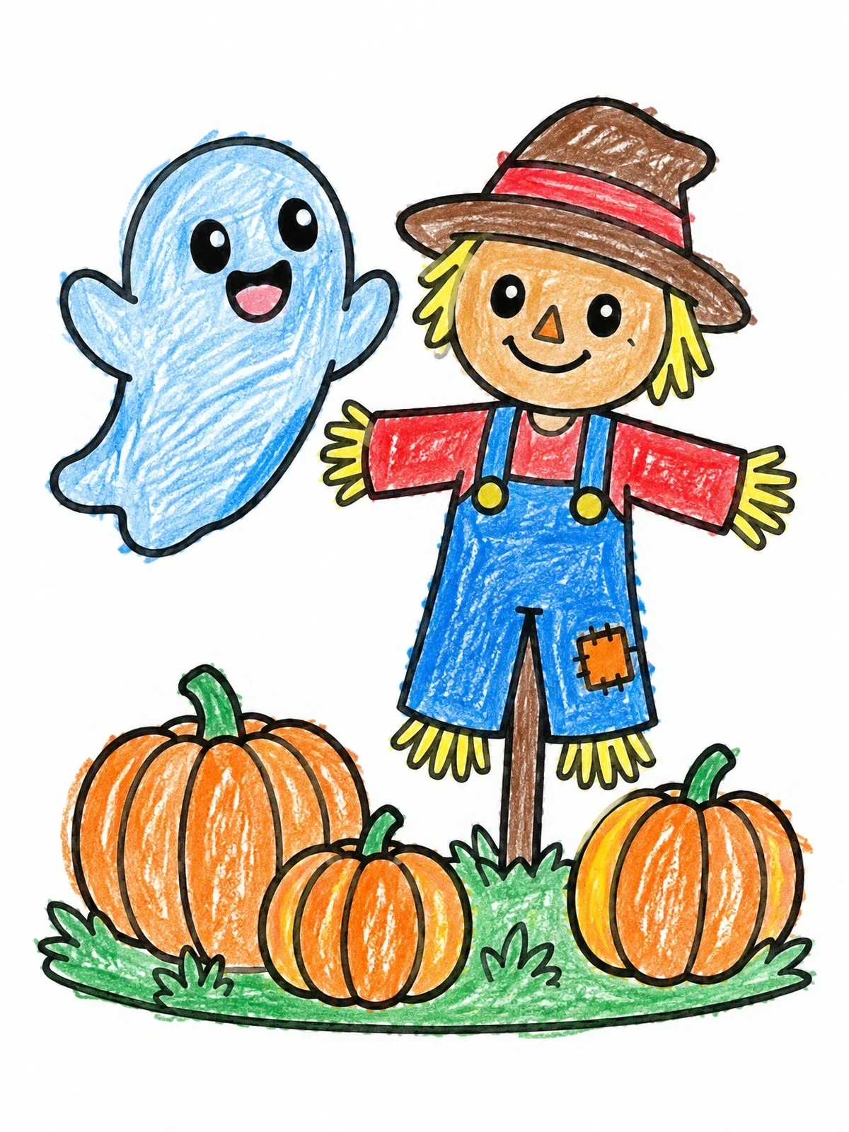 Colored example of the Friendly Ghost And Scarecrow With Pumpkins coloring page