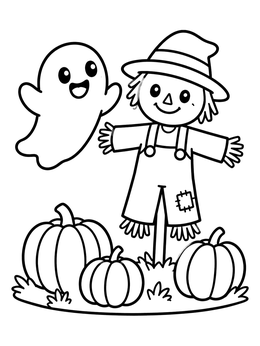 Free printable Friendly Ghost And Scarecrow With Pumpkins coloring page
