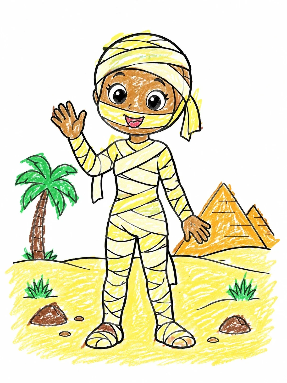 Colored example of the Friendly Mummy In The Desert coloring page