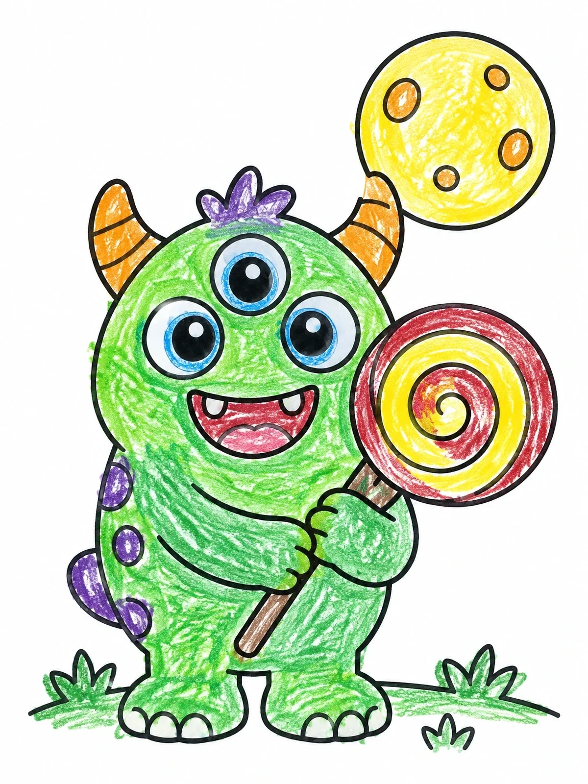 Colored example of the Friendly Three Eyed Monster With Lollipop coloring page