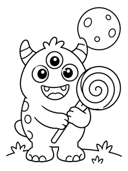 A cute halloween cartoon coloring page showing a friendly three-eyed monster holding a giant swirl lollipop.