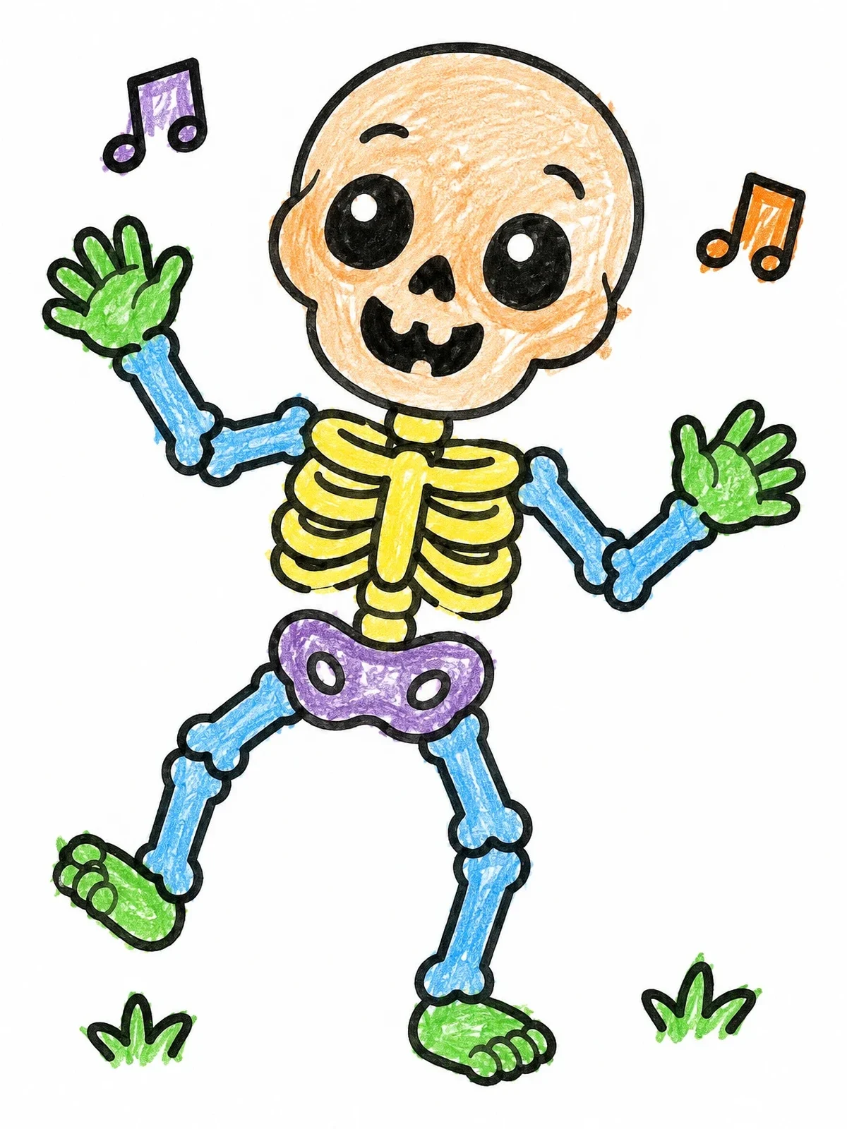 Colored example of the Happy Dancing Cartoon Skeleton coloring page