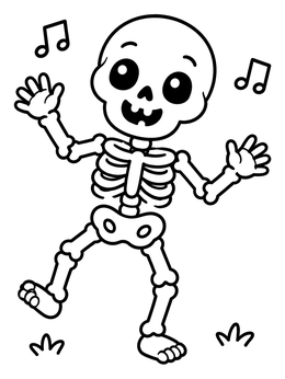 A cheerful dancing skeleton in this halloween cartoon coloring page with musical notes.