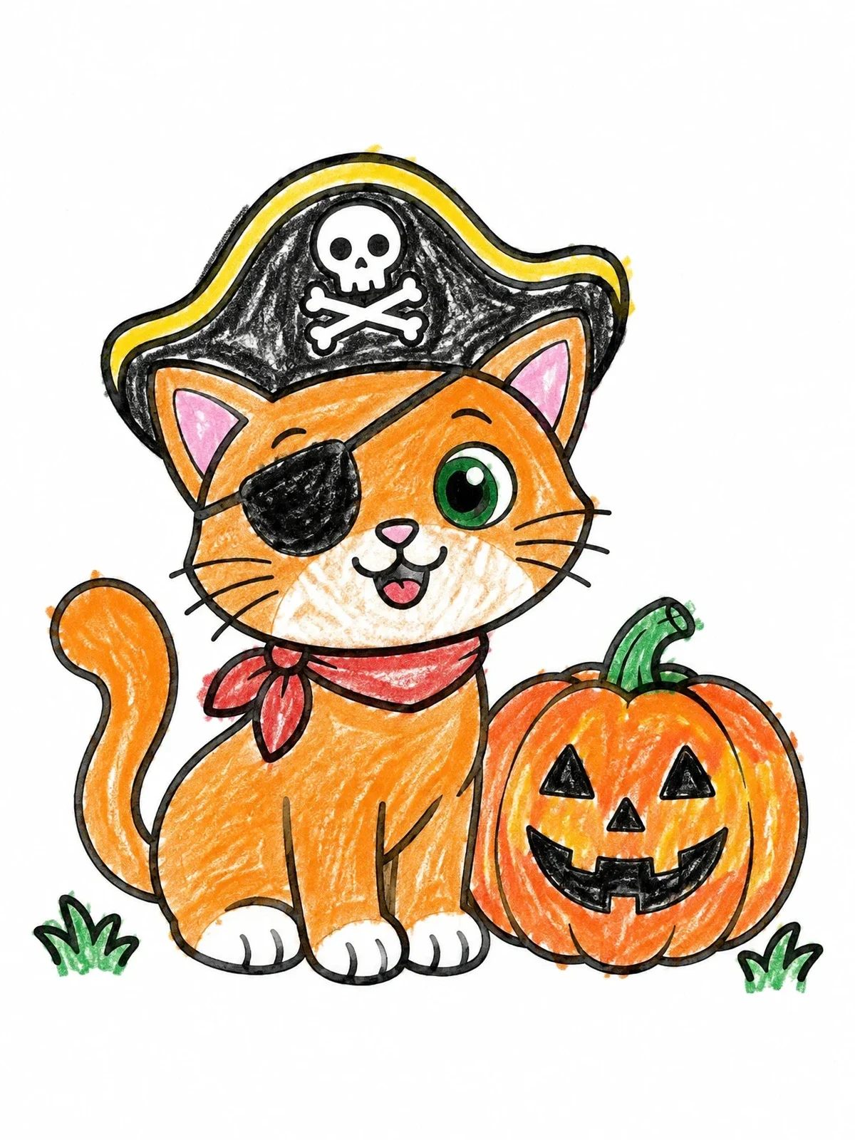Colored example of the Pirate Cat With Carved Pumpkin coloring page