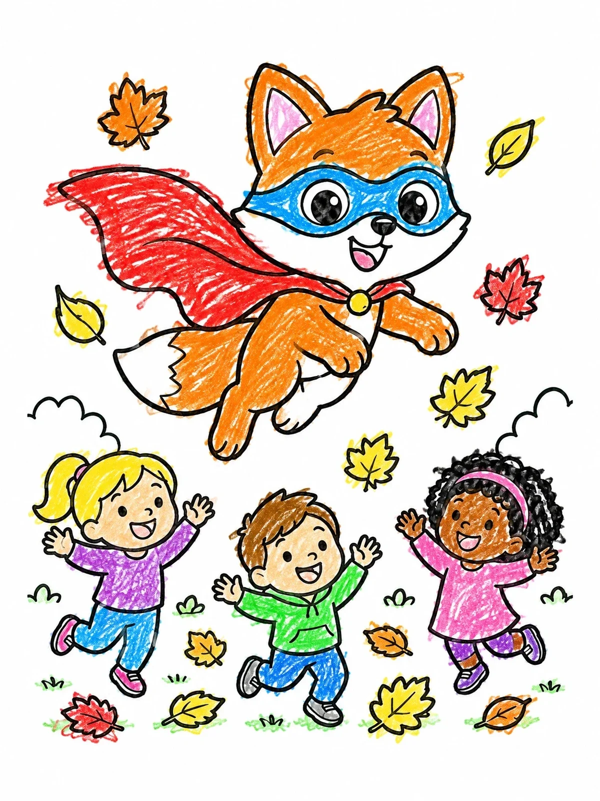 Colored example of the Superhero Fox Flying With Kids coloring page