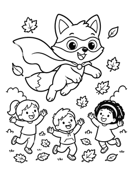 A halloween cartoon coloring page featuring a superhero fox flying above joyful children playing in autumn leaves.