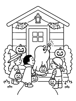 Free printable Trick Or Treaters At The Front Door coloring page