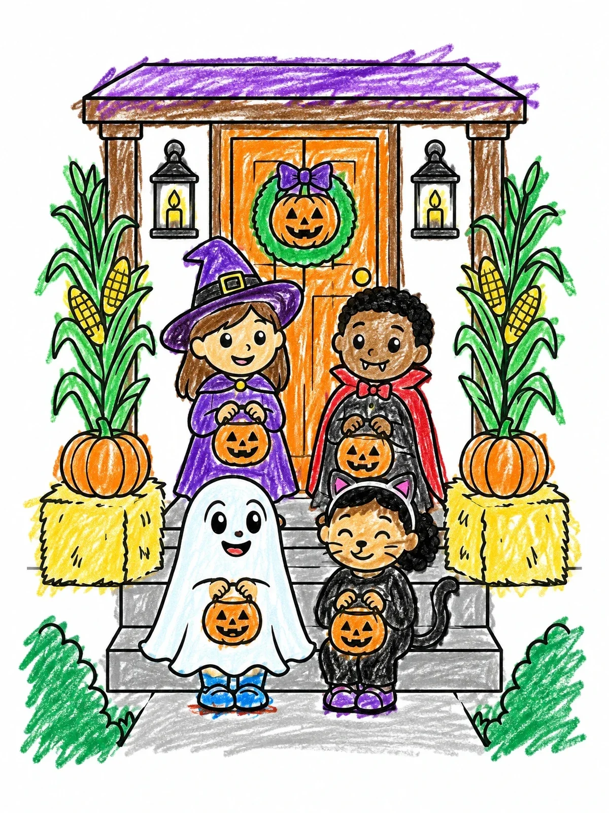 Colored example of the Trick Or Treaters On Porch coloring page