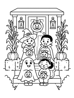 Free printable Trick Or Treaters On Porch coloring page