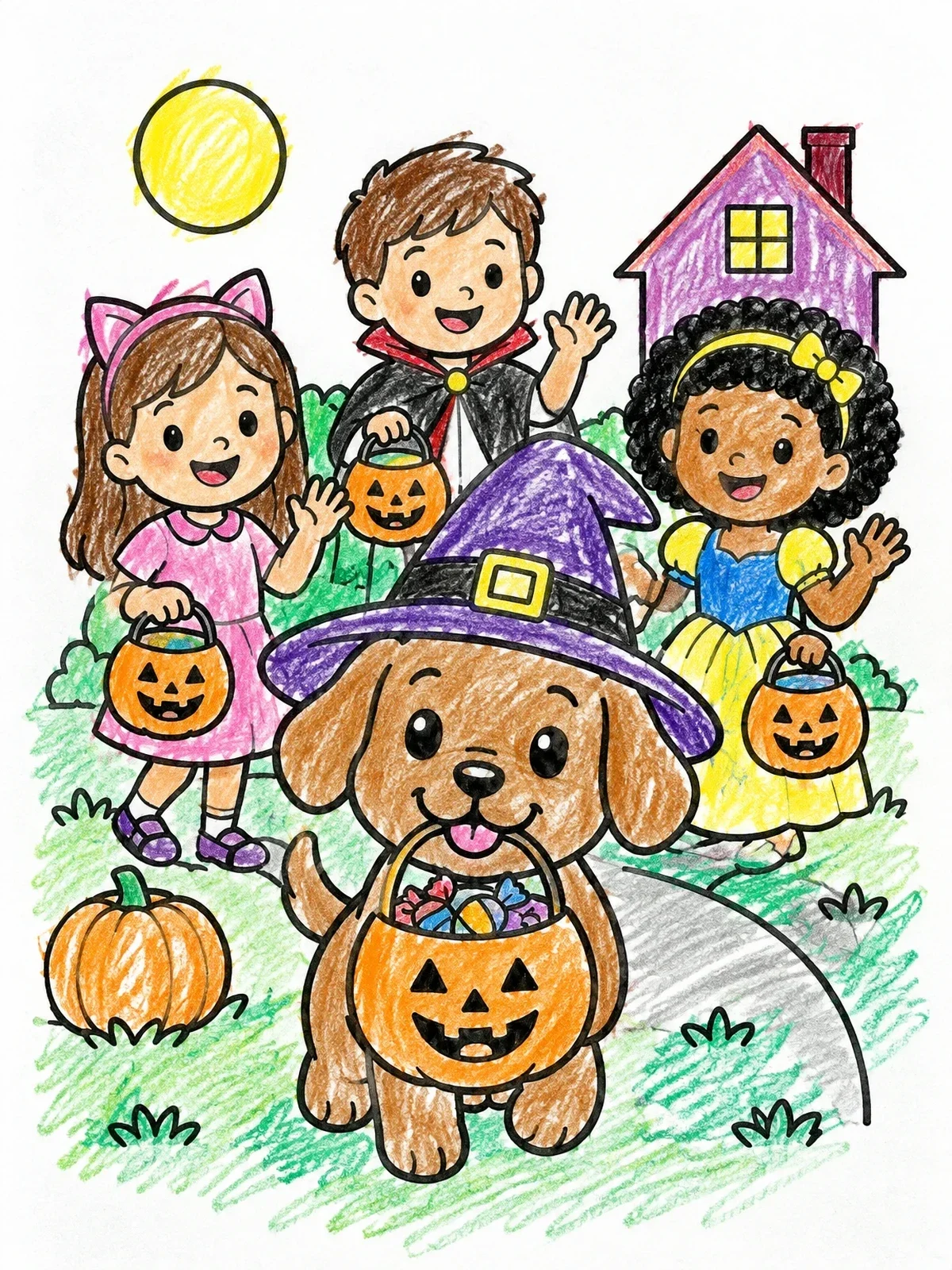 Colored example of the Trick Or Treating Puppy And Kids coloring page