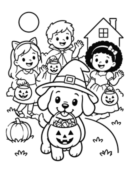 Free printable Trick Or Treating Puppy And Kids coloring page
